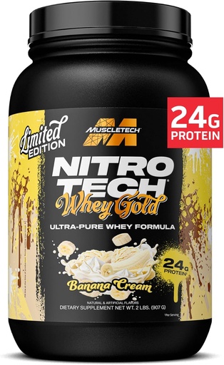 [BRSRAFQQOQIWA2DK] MuscleTech Whey Protein Powder (Banana Cream, 2LB) - Nitro-Tech Whey Protein Isolate Smoothie Mix for Lean Muscle & Fast Recovery - 24g of Whey Gold Protein for Women & Men - Gluten-Free