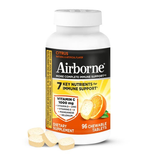 [BRSWKFAKOEGAMEQZ] Airborne Vitamin C 1000mg (per Serving) - Citrus Chewable Tablets (96 Count in a Box) - Packaging May Vary