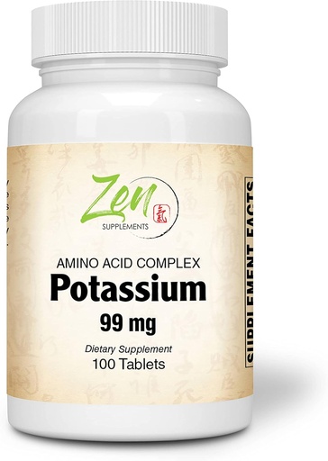 [BRSWY2YHBAIWCCY3] Zen Supplements - Potassium 99 mg (Amino Acid) 100-Tabs - Fluid & Electrolyte Balance Formula - Heart, Nerve & Muscle Function Support
