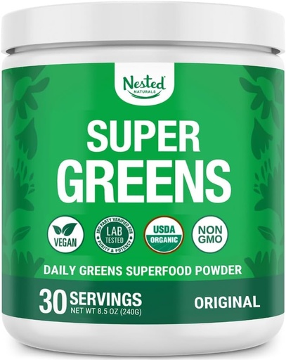 [BRSWIB35OQHRACI3] Naturales anidados Super Greens Daily Superfood Powder - Certified USDA Organic Green Powder w/20+ Whole Foods, Spirulina Powder,Wheat & Barley Grass - Probiotics, Fiber &amp; Enzymes - Original Flavour, 30