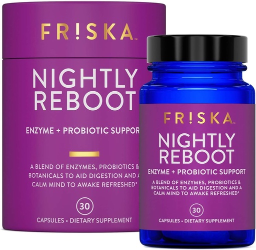 [BRSWYZAFBAIBAH3G] FRISKA Nightly Reboot Enzyme and Probiotics Supplement, Promotes Better Digestion and Sleep, Supports Gut Health for Men and Women, Melatonin, Chamomile, 30 Capsules