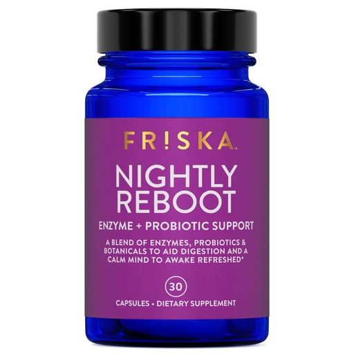 [BRSWYZAFBAIBAH3G] Friska Nightly Reboot - Nighttime Digestive Enzymes, Probiotic for Gut Balance & Bloating Support, with Melatonin & Chamomile to Promote Relaxation & Sleep, 30 Capsules