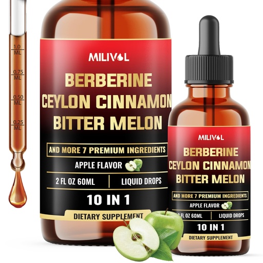 [BRSRAEIBDECQ22TX] 10in1 Liquid Drops Berberine with Ceylon Cinnamon Bitter Melon Turmeric Ginger Gymnema Sylvestre and More - 2 Fl Oz