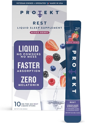 [BRSWYCYHBYNAKYLF] PROTEKT GABA L Theanine Supplement ← Ayuda para el sueño libre de melatonina para los adultos  Valerian Root for Night Support " Restful Sleep ← GABA Calm Liquid Drink Mix for Adults ← Mixed Berry, Pack of 10