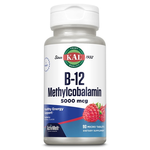 [BRSWKZTZPINB2236] KAL Vitamin B12 Methylcobalamin 5000mcg, Healthy Energy, Metabolism, Nerve & Red Blood Cell Support,* Fast Dissolve ActivMelts, Optimal Absorption, Natural Raspberry Flavor, 90 Servings, 90 Micro Tabs | Cellular Energy, Metabolism, Nerve & Red Blood Cell Support, Methylcobalamin B12, 90 Servings, Vegetarian & Lab Verified