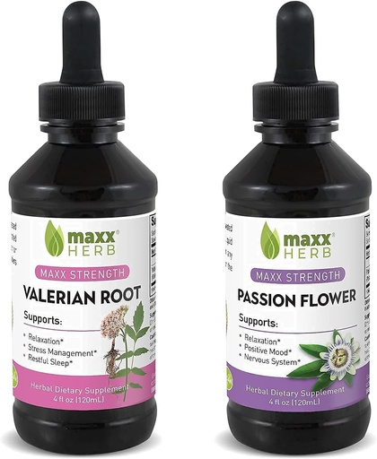 [BRSW2GQ6BAGR6YDZ] Better Sleep Bundle - Maxx Herb Passion Flower Extract + Valerian Root Extract - for Relaxation and Stress Management, Alcohol-Free - (1 Each) 4 Oz Bottle (60 Servings)