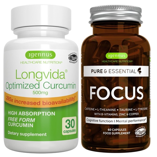 [BRSRMYAROEMWGADU] Longvida Lipidated Curcumin 500mg + Focus Brain Booster Vegan Bundle, Ultra Bioavailable Curcumin + Caffeine, L-Theanine, Taurine & L-Tyrosine, B-Vitamins, Zinc & Copper, by Igennus