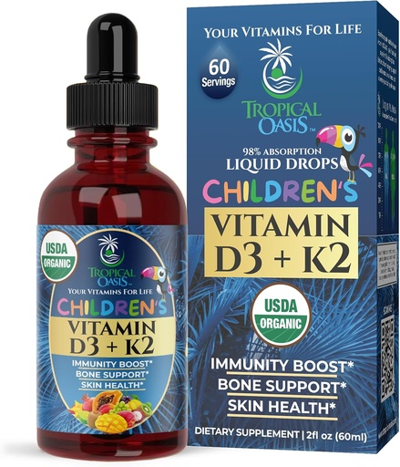 [BRSRA2QLCIORUHQ3] USDA Organic Vitamin D3 K2 Liquid Drops | Vitamin D3 K2 Supplement for Kids & Toddlers Ages 1+ | Kids Supplement for Calcium Absorption Strong Bones | Vegan, Non-GMO | 2 Fl Oz