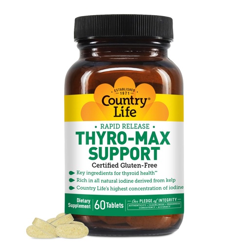[BRSWIY32AR5GG23E] Country Life Thyro-Max Support - Kelp-Derived Iodine & L-Tyrosine Thyroid Supplement for Men and Women - B Vitamins, Gluten-Free, Vegan, Kosher - 60 Capsules
