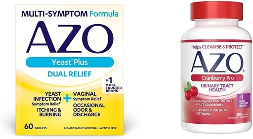 [BRSROGQCB4CRUAD7] AZO Yeast Plus Dual Relief 60 Tablets, Yeast Infection & Vaginal Symptom Relief + Cranberry Pro Urinary Tract Health Supplement 600mg PACRAN, 1 Serving = More Than 1 Glass of Cranberry Juice 100 CT