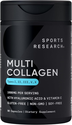 [BRSWGC35OICGCEIV] Sports Research® Multi Collagen Pills for Women & Men - Collagen Peptides (Type I, II, III, V, X) Enhanced with Hyaluronic Acid & Vitamin C - Gluten Free ­· Non-GMO - 90 Capsules