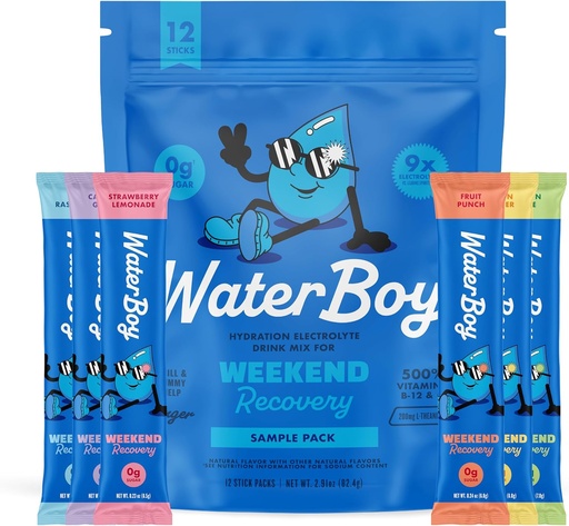 [BRSROZANPIBGOYD6] Waterboy Weekend Recovery Sample Pack 3,200mg Electrolyte Порошок Packets Ginger + L-Theanine + Вітаміни Ні Цукор, Всі Природний, Глютен Безкоштовно 12 Пити Сумки (Sample Pack)