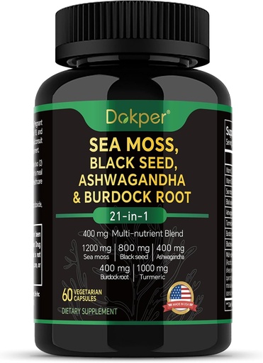 [BRSRAAYHCIHBG3YV] Sea Moss, Ashwagandha, Black Seed Oil Supplement, Vitamin C & D3 with Turmeric, Bladderwrack & Burdock Root, Natural Herbal Support for Men & Women 60 Capsules, Dietary Supplements, Pack of 1