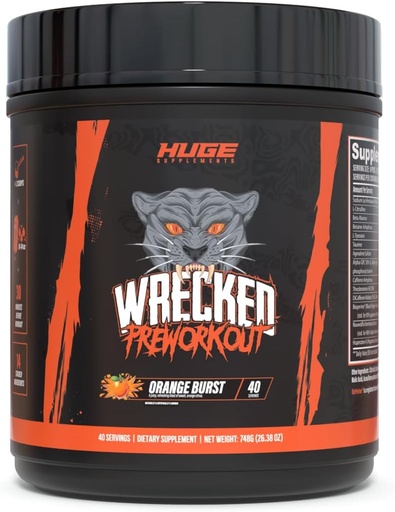 [BRSROFLQPIMR4DT7] Suplementos enormes Wrecked Pre-Workout, Fórmula Avanzada, Boosts Energy, Focus, Pumps & Performance, 10g L-Citrulline, 6.4g Beta Alanina, 5g Tyrosine, 1g Alpha GPC, 375mg cafeína de acción rápida e máis