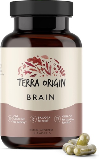 [BRSWGZQNDIFBAYLZ] Terra Origin, Healthy Brain Supplement, Capsules, 30 Servings, with CDP Choline, Ginkgo Biloba Extract, and Bacopa - for Healthy Mind, Improves Memory, Recall and Function
