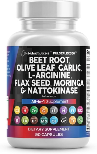 [BRSROZQOPIOREAD6] Clean Nutraceuticals Beet Root Capsules Olive Leaf Nattokinase Garlic Extract L-Arginine Omega 3 Red Yeast Rice Hibiscus Danshen - Healthy Support Supplement - 90 Ct