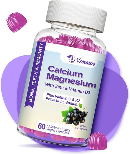 [BRSRA2Q6AEOR6FYZ] High Absorption Calcium Gummies, Sugar Free Calcium Magnesium Supplement with Potassium Vitamin D3 for B0ne & Teeth Strength, Muscle Function - Vegan, Elderberry Flavor 60 Cts