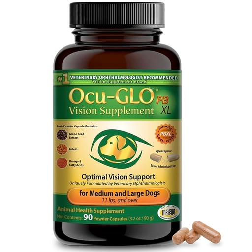 [BRSWYY37DEDRY2Q2] Ocu-GLO PB Vision Supplement for Medium & Large Dogs – Easy to Administer Powder Blend with Lutein, Omega-3 Fatty Acids, Grape Seed Extract & Antioxidants to Promote Eye Health, 90ct Powder Capsules