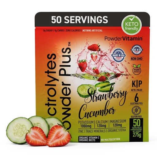 [BRSRAZQBBMMB63LH] PowderVitamin Electrolytes Powder Plus, Sugar Free Hydration Powder 1000mg Potassium, 120mg Magnesium, 120mg Calcium, Himalayan Salt, & VIT C & Zinc, USA Made, 275g, 50 Servings, Strawberry Cucumber