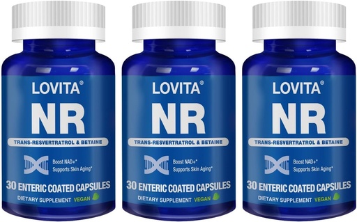 [BRSRAGL7CNYQ2FDG] Lovita NR (Nikotinamid Ribozid) 350 mg, NAD dodatek s trans-resveratrolom in betainom, spodbujanje ravni NAD Plus, zdravo staranje, 30 veganske enterično obložene kapsule (3. paket)