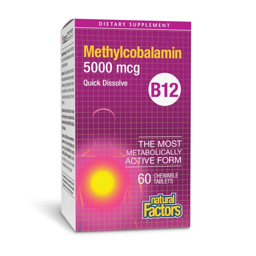 [BRSWIYYMAAIRYA3E] Natural Factors, Vitamin B12 Methylcobalamin 5000 mcg, Chewable Support for Energy and Immune Health, Vegetarian, 60 tablets (60 servings)