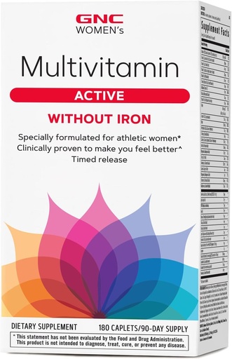 [BRSWYZALCUIGCDQZ] GNC Women's Multivitamin Active Without Iron, Supports an Active Lifestyle, 30+ Nutrient Formula, Promotes Bone & Joint Health, Helps Energy Production, 180 Caplets