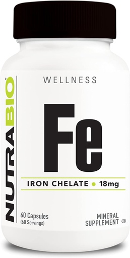 [BRSW2CYQDN6RO3Q3] NutraBio Iron Chetelate (18mg)- Iron suplementaris per a homes i dones frisciants Bisciant Chelatelate, ajuda a la salut Roja, 60 Capsule