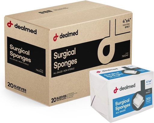 [BRSWGBIROFYRUETP] Dealmed 4" x 4" Surgical Sponges, 8-Ply, Non-Woven Absorbent Gauze Sponges for Wound Care, First Aid Kits and Medical Facilities, 200 Count (Case of 20)