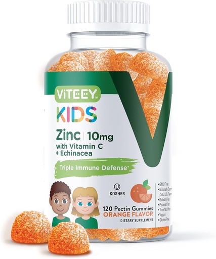 [BRSWYBIFBN7GCHI2] Viteey Zinco para crianças Gummies 10mg, com vitamina C & Echinacea - Apoio imunológico, Antioxidante natural poderoso, Crianças Zinc Suplemento Vitamina - Vegan, Gelatina livre - sabor sabor sabor laranja flavor Gummy