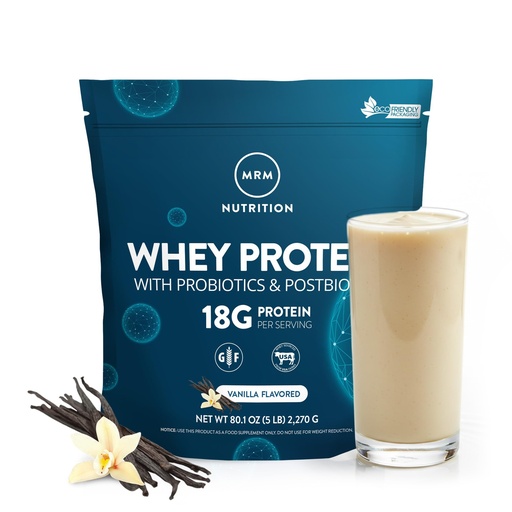 [BRSWIYABCEGAAADA] MRM Nutrition Whey Protein - Vanilla Flavored, Microfiltered Whey Protein Isolate & Concentrate, 16 Different Probiotic Strains, BCAAs, & Digestive Enzymes, Gluten Free, for Women & Men - 85 Servings