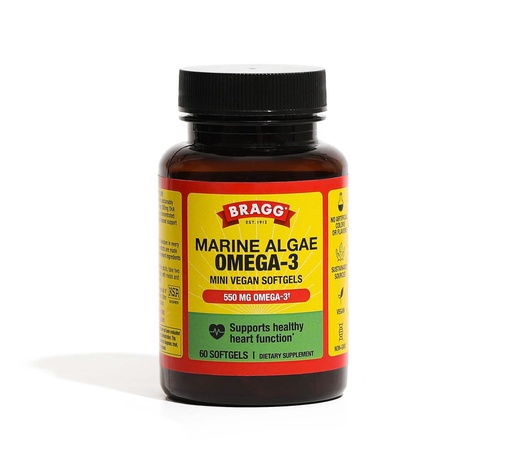 [BRSRMHYCAUPBU2DJ] Bragg Omega-3 Supplement Capsules with DHA and EPA - 60 Vegan Softgels - Sustainably-Sourced Marine Algae - Supports Eye and Brain Health