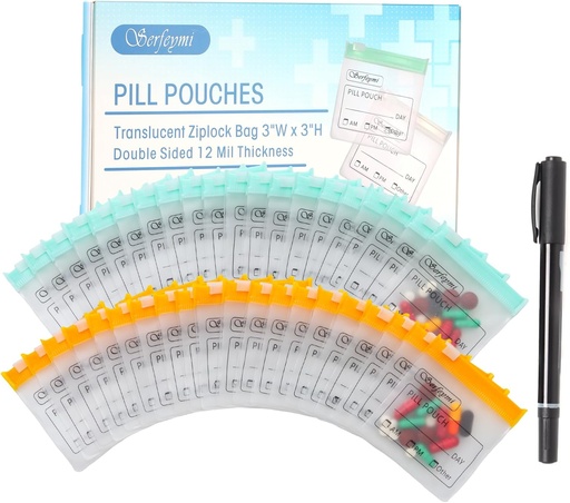 [BRSROCYCCR5AYFAV] Serfeymi 48 Pcs Pell Pouchs per viatjar a Bagaques plàstics reciclables 3x3 Imbn 12 mil·lions (Double Sided) Translucent Zyplanded Pill Pouchs for Medicalines amb l'etiqueta Bloq B diapositiva & Wriatable, 1Pc Clock- verd+ Groc