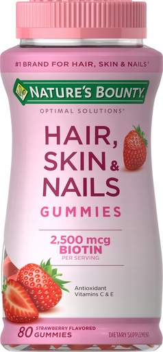 [BRSWIFL2OUOR4ET2] Nature's Bounty Optimal Solutions Hair, Skin & Nails Vitamin Gummies with Biotin, 2500 mcg, Strawberry, 80 Count, 40 Total Servings