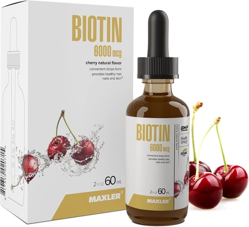 [BRSWYCQDC5YGKDYZ] Maxler Liquid Biotin Drops - Vegan Biotin Vitamins for Hair Skin and Nails - Biotin Supplement for Metabolism of Carbohydrates, Proteins & Fats - 6000mcg of Biotin Liquid Per Serving - Cherry Flavor
