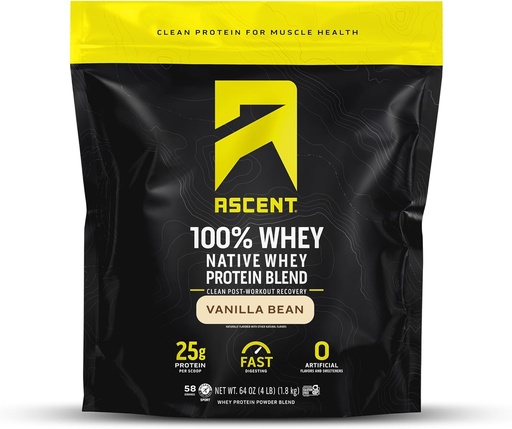 [BRSWKHYQAEDAIYDB] Ascensão 100% Whey, mistura de proteína de Whey nativa - Limpar pós treino Recuperação, Digesting, Zero sabores artificiais e adoçantes, sem glúten, 5,5g BCAA, 2,6g Leucine, Vanilla Bean 4 lb.