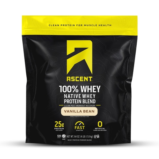 [BRSWKHYQAEDAIYDB] Ascent 100% Whey, Native Whey Protein Blend - Clean Post Workout Recovery, Digesting, Zero Artificial Flavors & Sweeteners, Gluten Free, 5.5g BCAA, 2.6g Leucine, Vanilla Bean 4 lb.