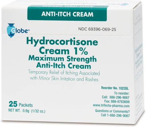[BRSROZTYOUFQYYI4] Globe (Boîte 25 Hydrocortisone 1% crème de force maximale, (0.9g Packet) Crème anti-démangeaison pour rougeur, gonflement, démangeaisons, rash, Bug Bites, Eczéma, More