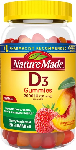 [BRSWIHIIOQPREHTO] Nature Made Vitamin D3, 150 Gummies, Vitamin D 2000 IU (50 mcg), Vitamin D Gummies For Adults Helps Support Immune Health, Strong Bones and Teeth, & Muscle Function, 250% of Daily Value for Vitamin D