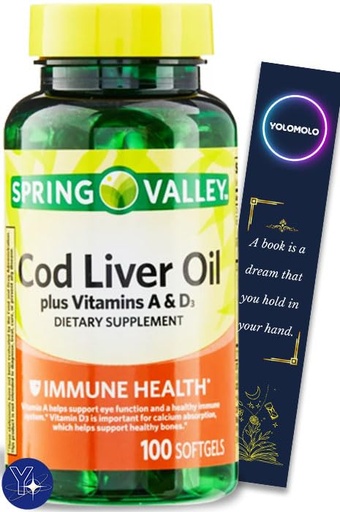 [BRSROFT5AR4GEHL3] Cod Liver Oil Plus Vitamins A & D3 Immune Health Dietary Supplement Softgels Spring Valley, 100 Count and Bookmark Gift of YOLOMOLO