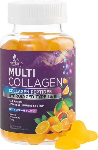 [BRSWGBAQBV5WC3QY] Collagen Peptides Gummies 2500 mcg Biotin - Hydrolysed proteiini tyyppi I & III Multi Collagen täydentää C-vitamiini & Sinkki - Tuki hiukset, iho, kynnet, maukas Orange Flavor - 60 Gummies