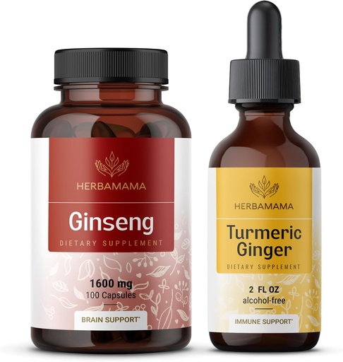 [BRSRAGA6A4AWGDLX] HERBAMAMA Korean Red Ginseng and Turmeric Ginger Kit - Bundle of Korean Panax Ginseng Capsules & Turmeric Ginger Liquid Drops - Vegan, Non-GMO, Sugar & Alcohol-Free - 2 Pack