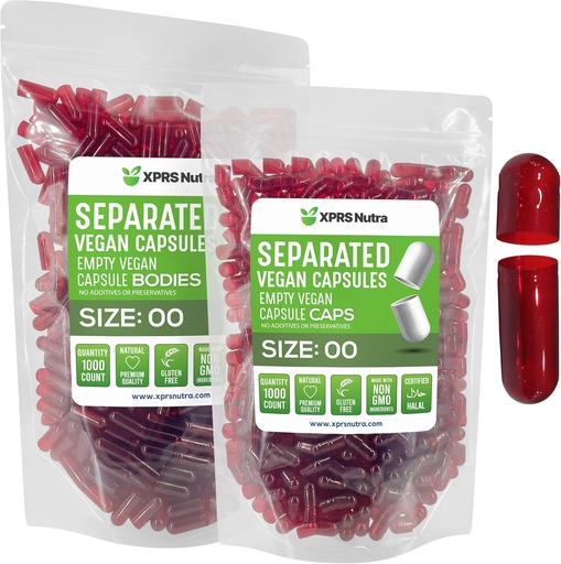 [BRSW2AIHCEBRUDT3] XPRS Nutra Vegan Size 00 Separated Capsules - 1000 Count Premium Empty Capsules Separated in Bags - 00 Pills Empty for DIY Supplement Filling (Clear Red)