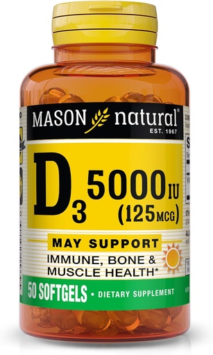 [BRSWIYLROQHWC3DA] MASON NATURAL Vitamin D3 125 mcg (5000 IU), Supports Bone, Muscle & Immune Health, from Fish Liver Oil, 50 Softgels, Pack of 3