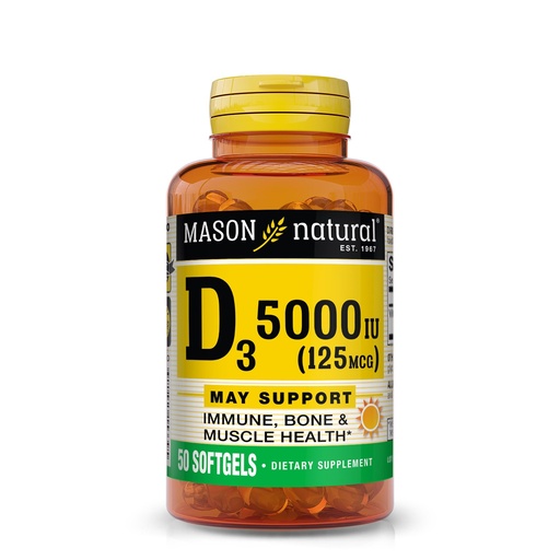 [BRSWIYLROQHWC3DA] MASON NATURAL Vitamin D3 125 mcg (5000 IU), Supports Bone, Muscle & Immune Health, from Fish Liver Oil, 50 Softgels, Pack of 3