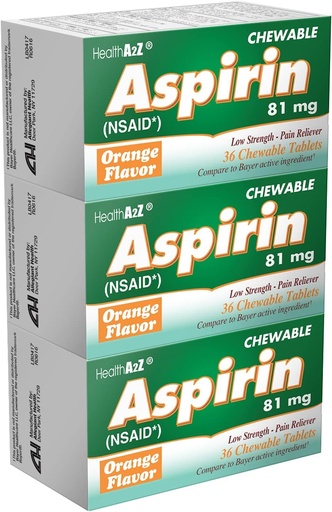 [BRSW2HAECF6ROE3F] HealthA2Z® Aspirin 81mg | Low Strength Chewable Tablets | Pain Relief & Fever Reducer | Orange Flavor | Reduces Minor Aches, Headache & Muscle Pain | 36 Count (Pack of 3)