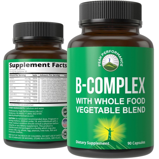 [BRSWGAY7OB7RMA3J] Vitamin B Complex Capsules + Whole Food Blend of 25 Vegetables and Fruits for Max Absorption. Best Vegan B-Complex Supplement with Vitamin B1, B2, B3, B5, B6, B7, B9 and B12. 90 Capsules. Energy Boost