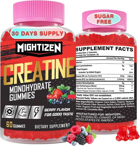 [BRSRA235OQMQYCIV] Creatine Monohydrate Gummies for Men & Women, Creatine for Women Chewables Creatine Monohydrate with Taurine & Vitamin B12, Pre-Workout Gummies for Max Strength, Energy & Endurance, Berry 60 Counts