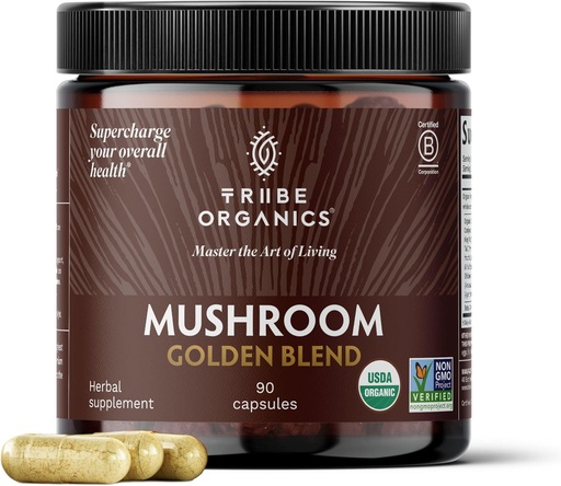 [BRSRMHTRB57AKHLV] TRIBE ORGANICS Mushroom Golden Blend Vegan Capsules Supplement - Adaptogenic Mushrooms Powder Immune Support Supplement - 10-in-1 Mushrooms for Immunity Support & Brain Health - 90 Count 30 Servings