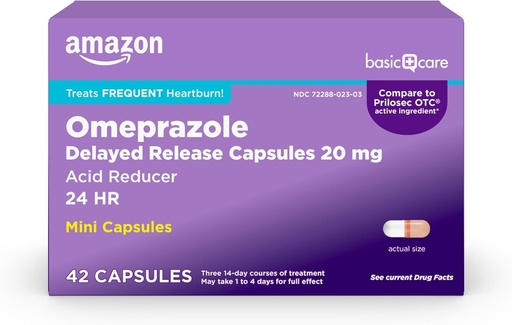 [BRSRMFIFOZ6QI23A] Põhiline hooldus Omeprasool hilinenud vabastamist Mini Kapslid 20 mg, happe reduktor, 24HR Kõrvetiste Relief, 42 Count Pack