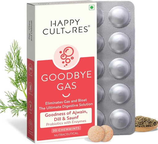 [BRSROZ3RAV7GEFY3] Happy Cultures Goodbye Gas, Chewable Gas Relief Capsules for Digestive Health, Bloating and Indigestion with Simethicone 50mg - 30 Chewables